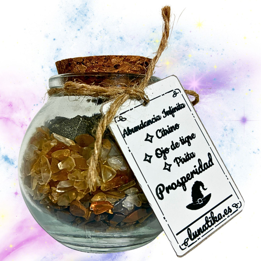 Tarrito de minerales Abundancia Infinita con citrino ojo de tigre y pirita