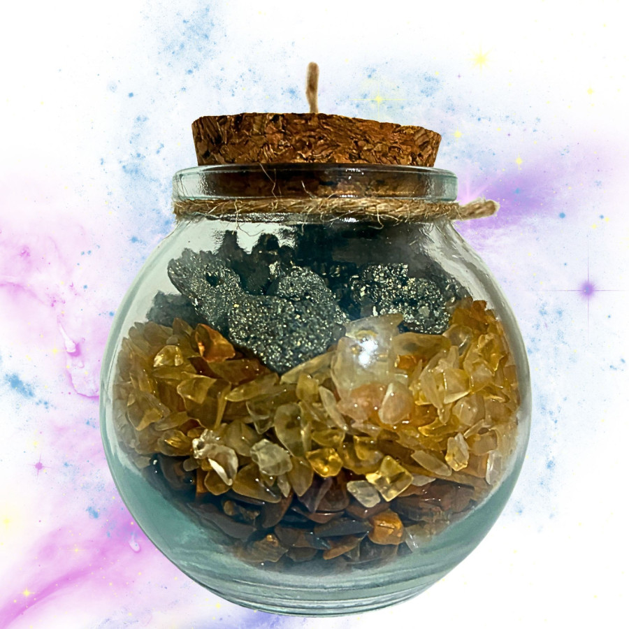 Detalle interior tarrito Abundancia Infinita minerales citrino ojo de tigre pirita