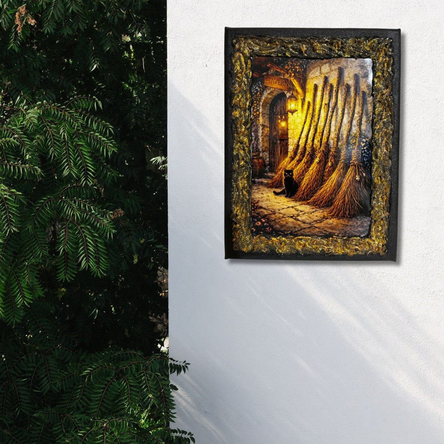 Cuadro aparcamiento de escobas de bruja en lienzo decorado a mano colgado en pared