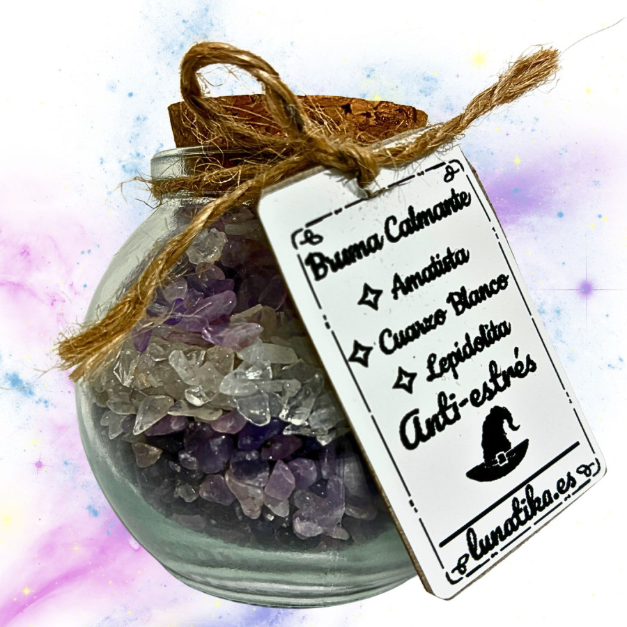 Tarrito de minerales Bruma Calmante con lepidolita cuarzo blanco y amatista
