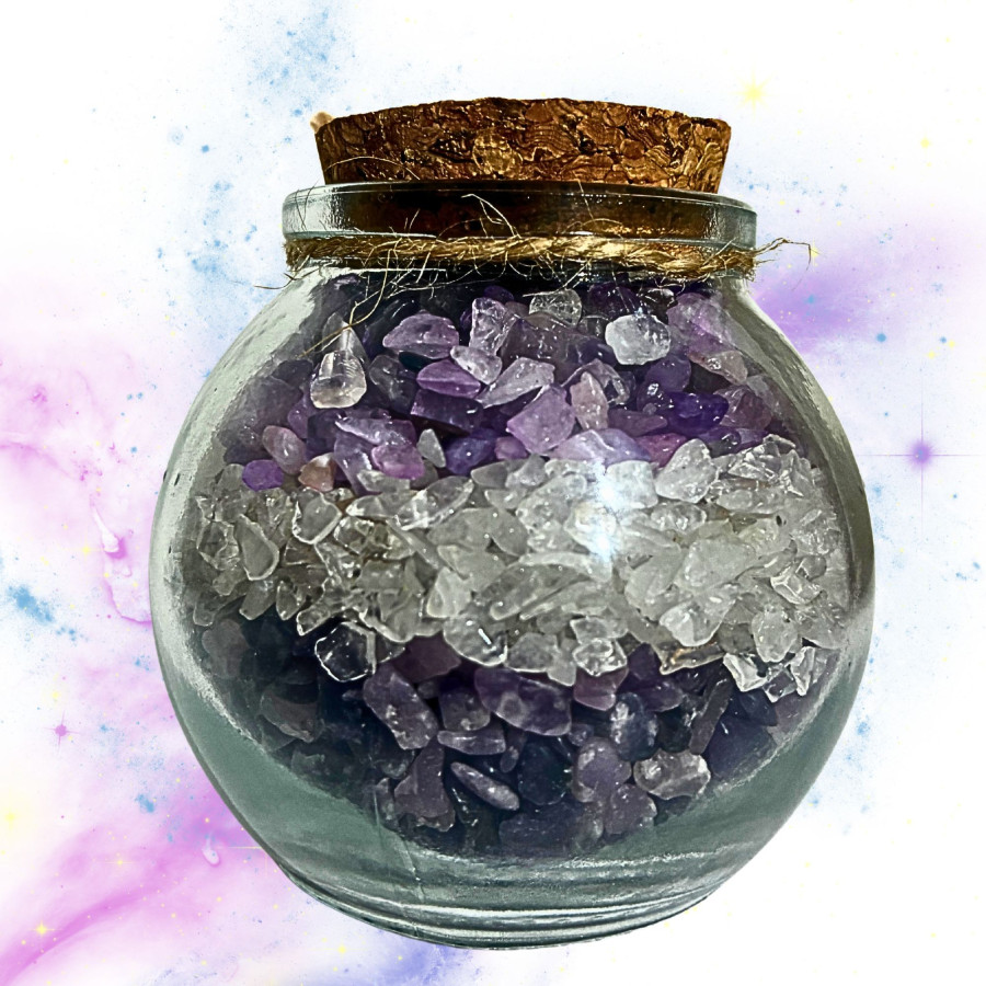 Detalle interior tarrito Bruma Calmante minerales lepidolita cuarzo blanco amatista