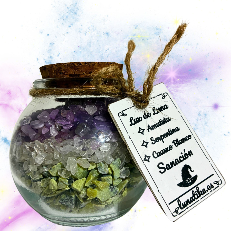 Tarrito de minerales Luz de Luna con amatista serpentina y cuarzo blanco