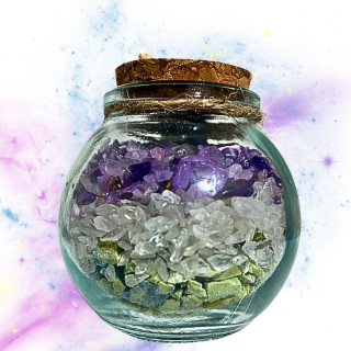 Detalle interior tarrito Luz de Luna minerales amatista serpentina cuarzo blanco