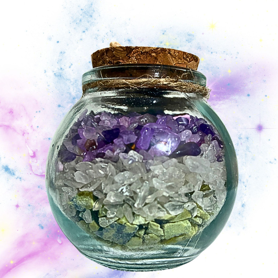 Detalle interior tarrito Luz de Luna minerales amatista serpentina cuarzo blanco