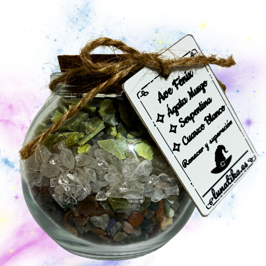 Tarrito de minerales Ave Fénix con serpentina cuarzo blanco y ágata musgosa