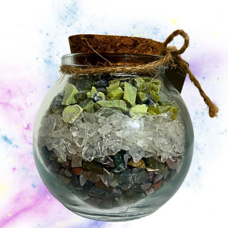 Detalle interior tarrito Ave Fénix minerales serpentina cuarzo blanco ágata musgosa