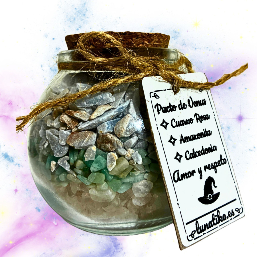 Tarrito de minerales Pacto de Venus con cuarzo rosa amazonita y calcedonia