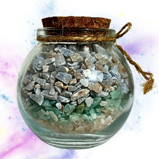 Detalle interior tarrito Pacto de Venus minerales cuarzo rosa amazonita calcedonia