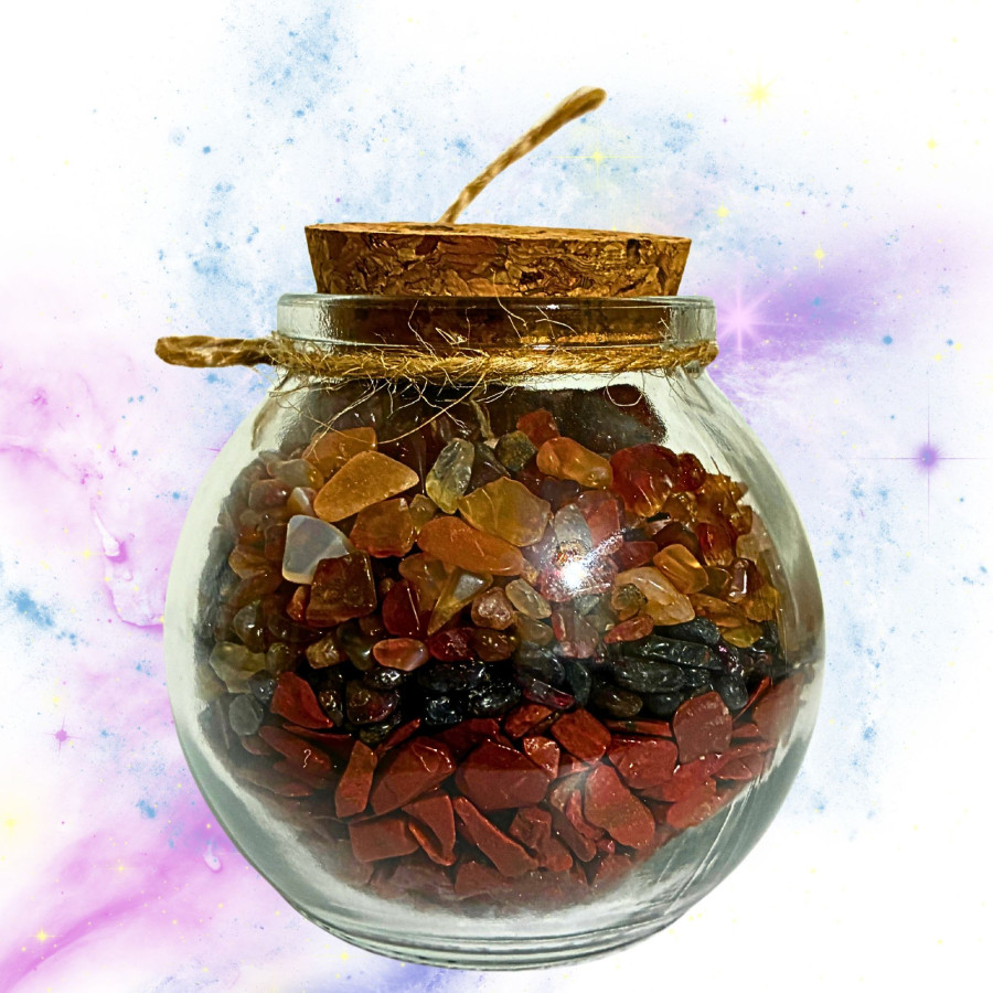 Detalle interior tarrito Fuego Ancestral minerales jaspe rojo cornalina granate