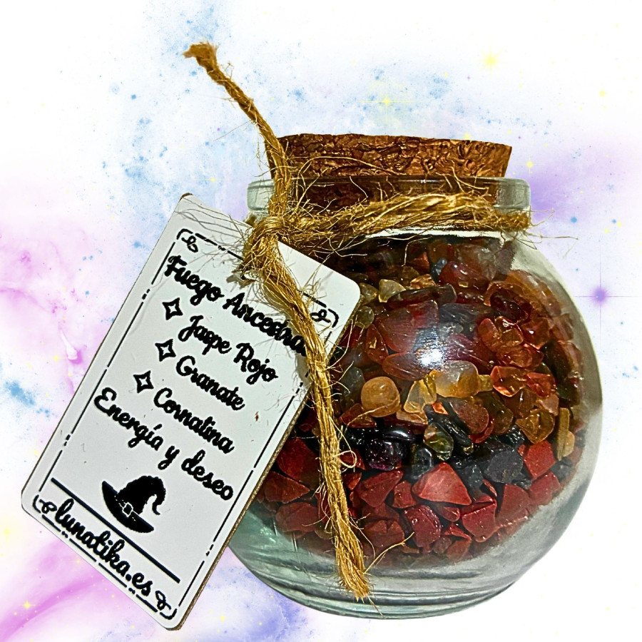 Tarrito de minerales Fuego Ancestral con jaspe rojo cornalina y granate