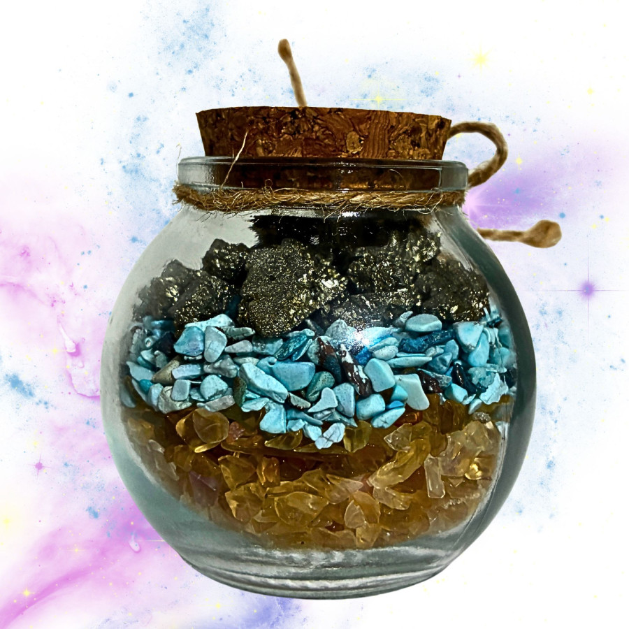 Detalle interior tarrito Buena Suerte minerales turquesa citrino pirita