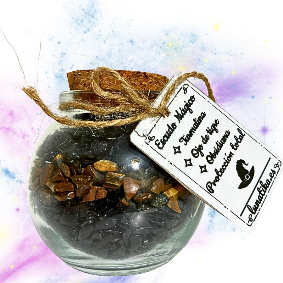 Tarrito de minerales Escudo Mágico con turmalina ojo de tigre y obsidiana