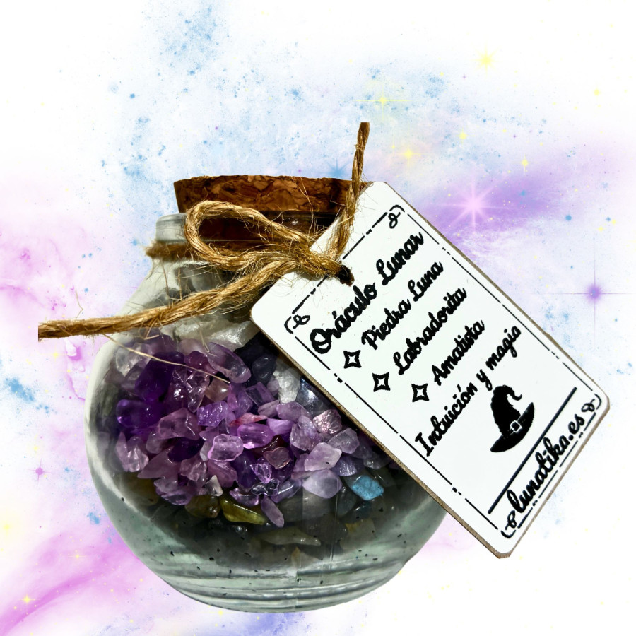 Tarrito de minerales Oráculo Lunar con piedra luna labradorita y amatista