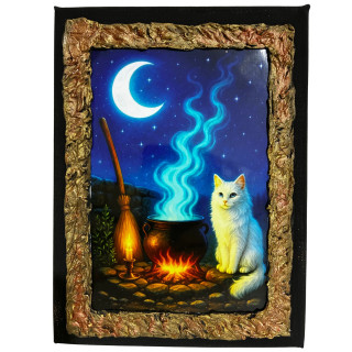Cuadro caldero mágico con gato en lienzo decorado a mano Lunátika