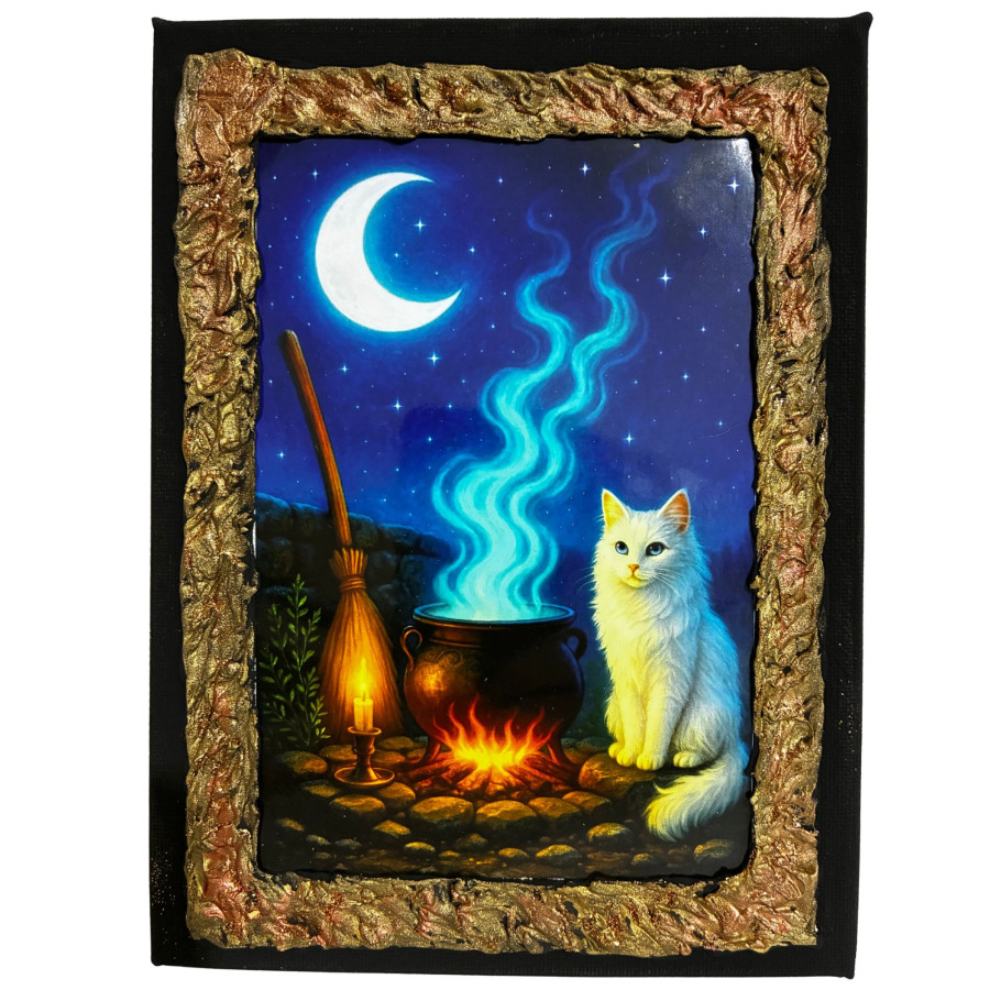 Cuadro caldero mágico con gato en lienzo decorado a mano Lunátika