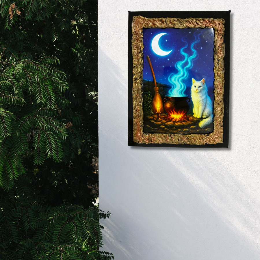 Cuadro caldero mágico con gato en lienzo decorado a mano colgado en pared