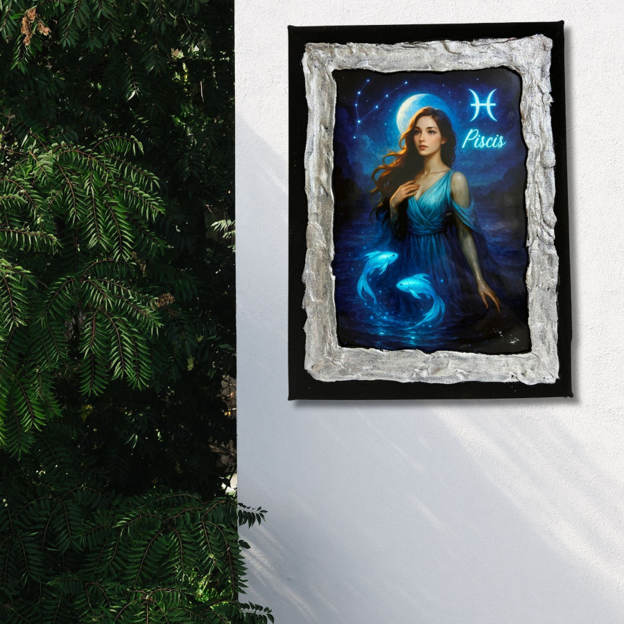 Cuadro signo Piscis en lienzo decorado a mano colgado en pared