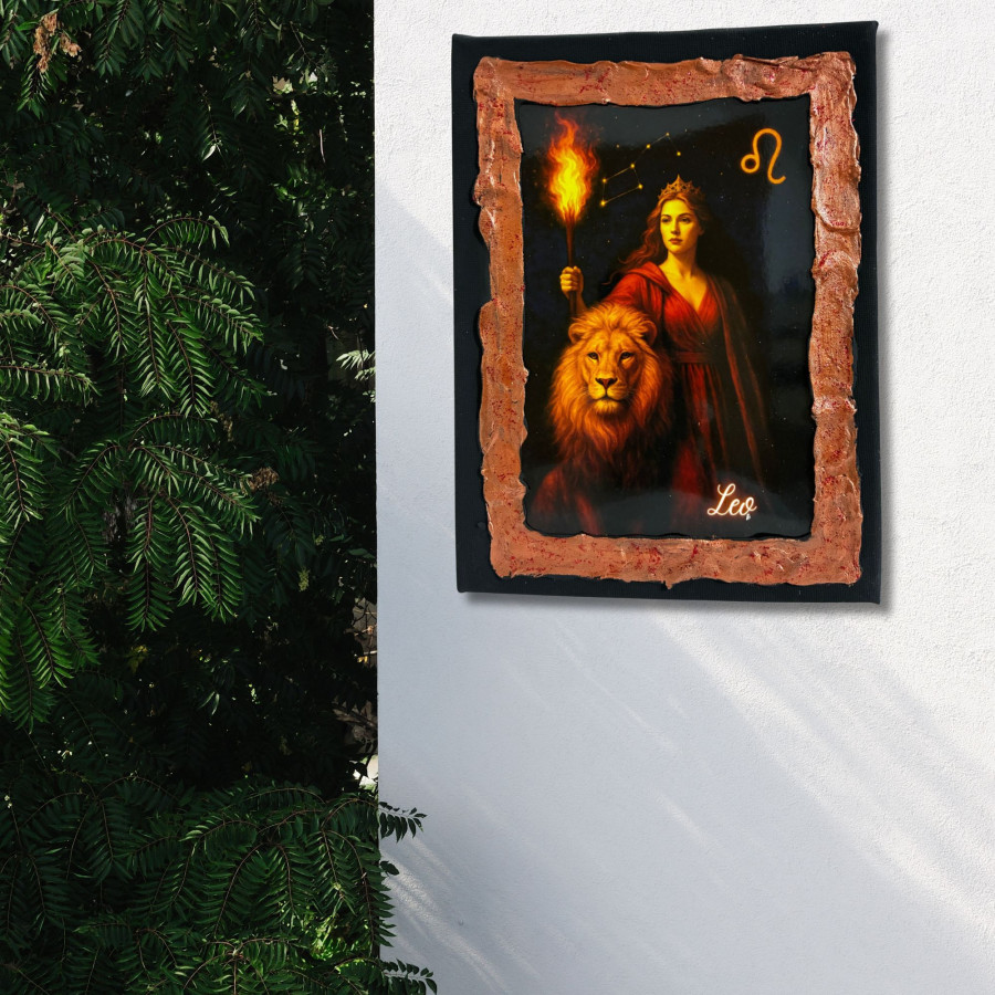 Cuadro signo Leo en lienzo decorado a mano colgado en pared